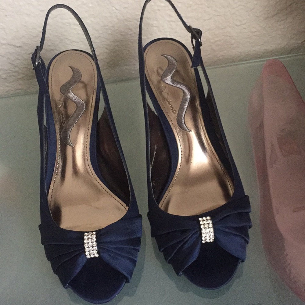 Nina Evening Sandals Navy Satin Sz 8 M Rhinestones